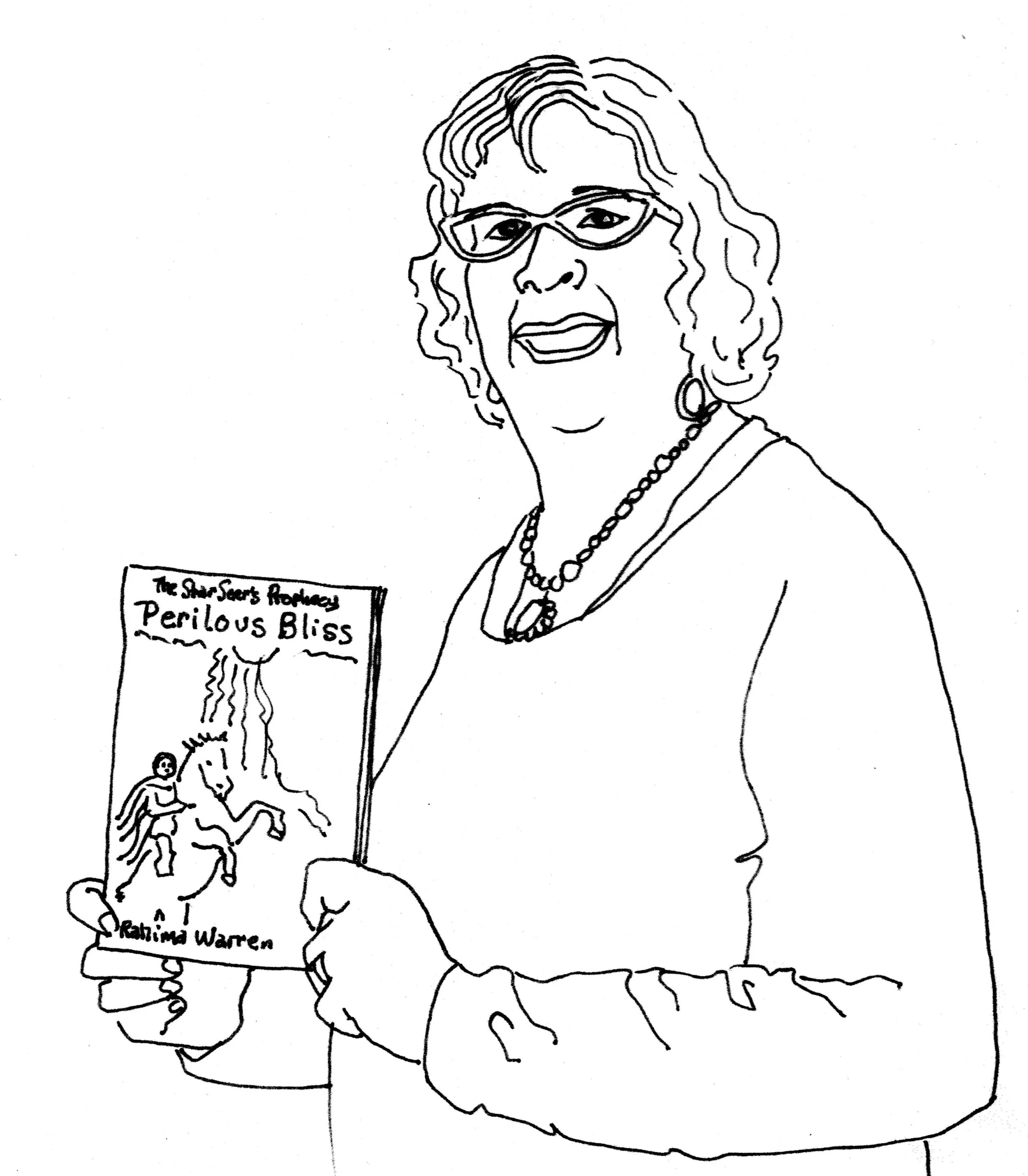 Line drawing of a woman with glasses, wearing a necklace and earrings, holding a book titled 'Perilous Bliss' by Rabina Warren, with a smiling expression.