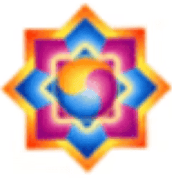Decorative detail from the Healing Civilization book cover, showing a colorful mandala-like geometric design with a yin-yang symbol at the center, surrounded by layered star-shaped patterns in blue, orange, pink, purple, and gold.