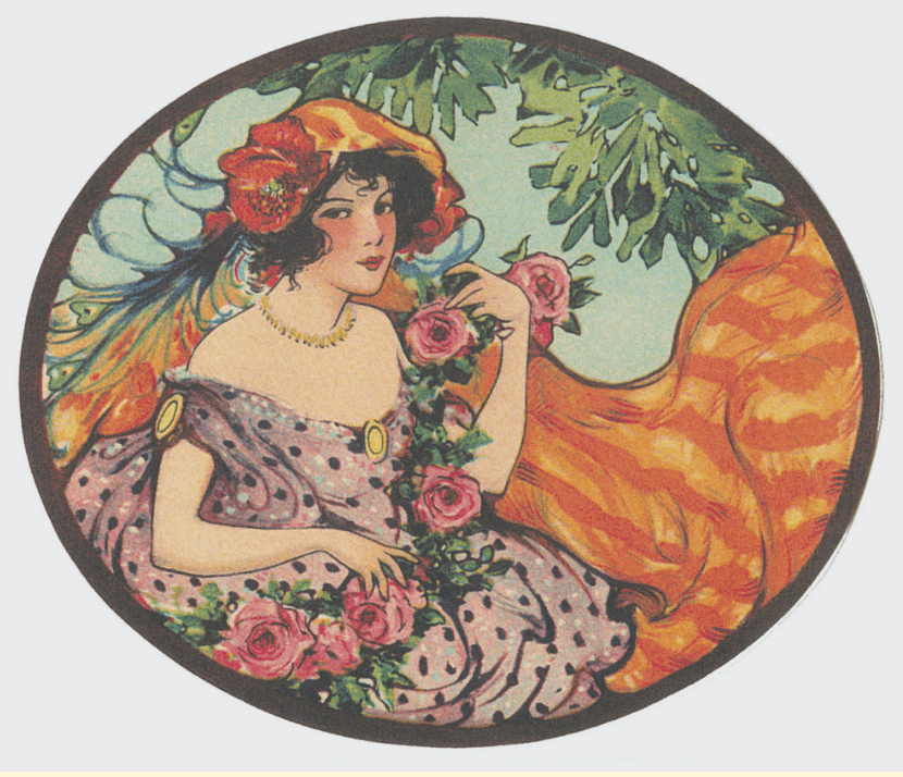 Art Nouveau illustration of a woman in a polka-dot dress and flowered hat, surrounded by pink roses and green foliage.