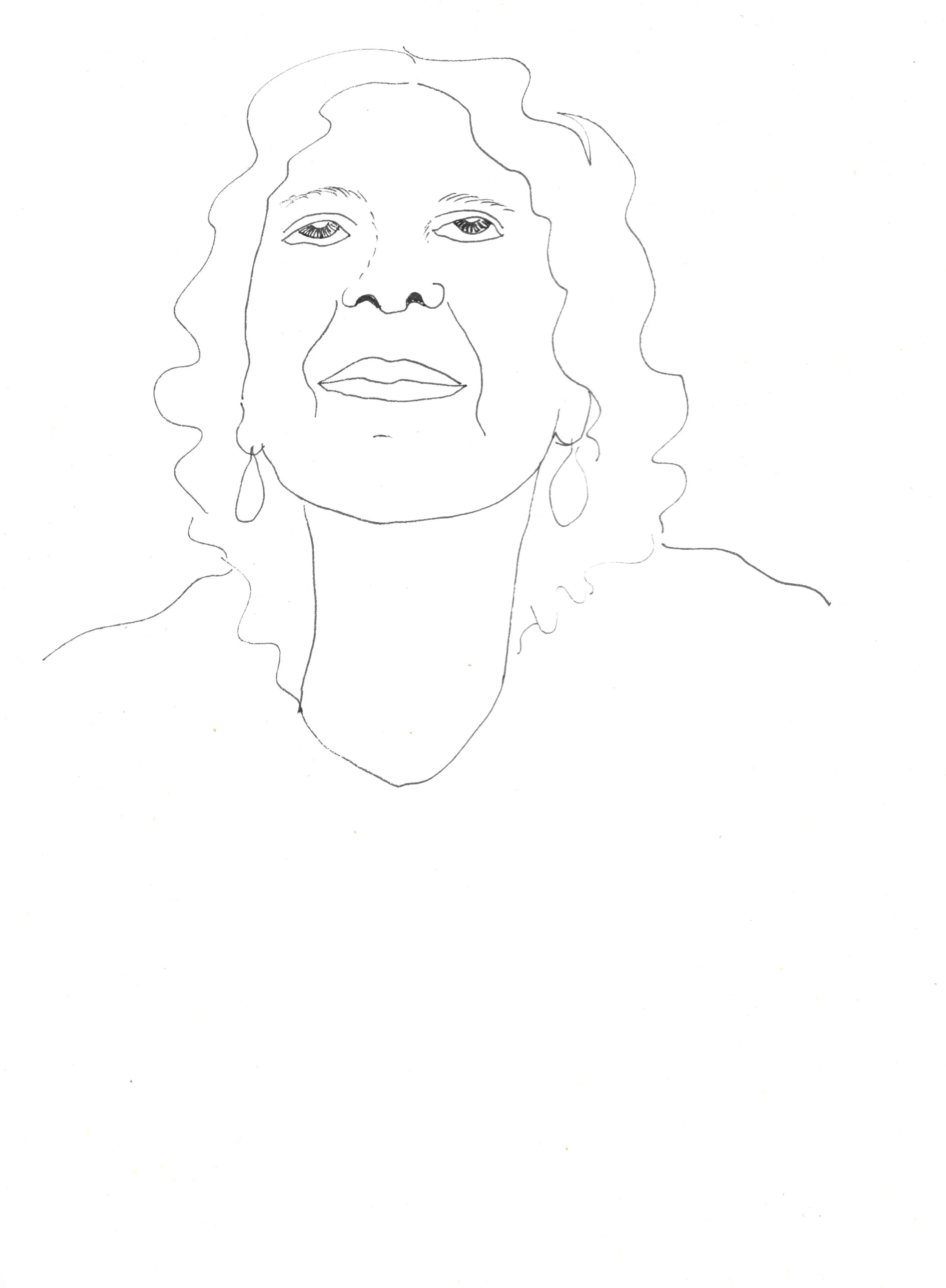 Line drawing portrait of a woman with curly hair and drop earrings, gazing upwards with a gentle expressions, as though listening for something beyond the ordinary.