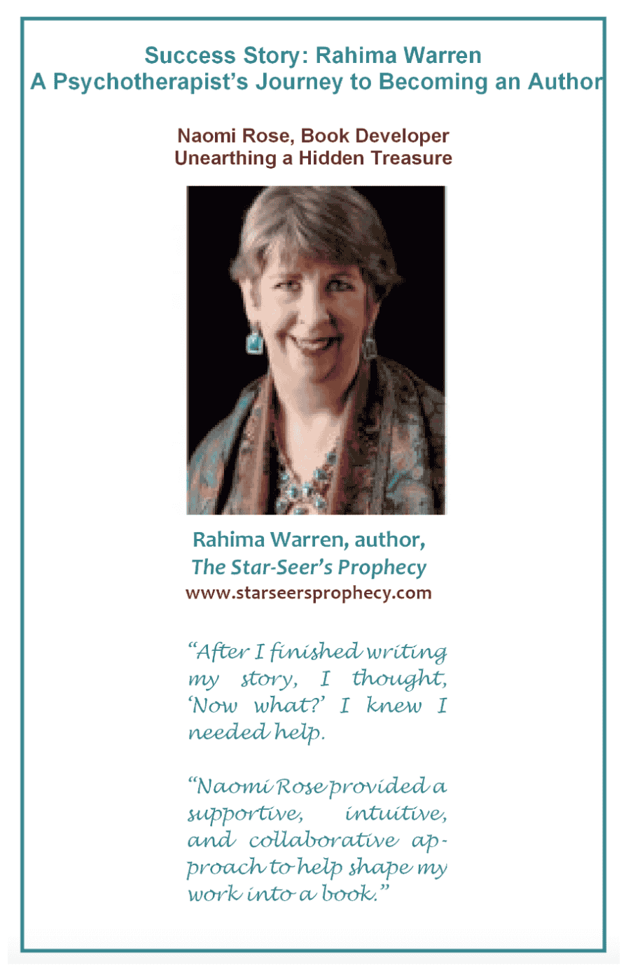 Book cover titled 'Success Story: Rahima Warren, A Psychotherapist’s Journey to Becoming an Author.' Features a photo of Rahima Warren, smiling, wearing earrings and a scarf. Includes a quote about her writing journey and a website link to starseersprophecy.com.