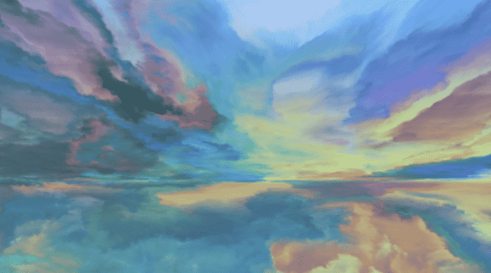 An abstract painting of luminous clouds in blue, gold, and violet, reflected over water.