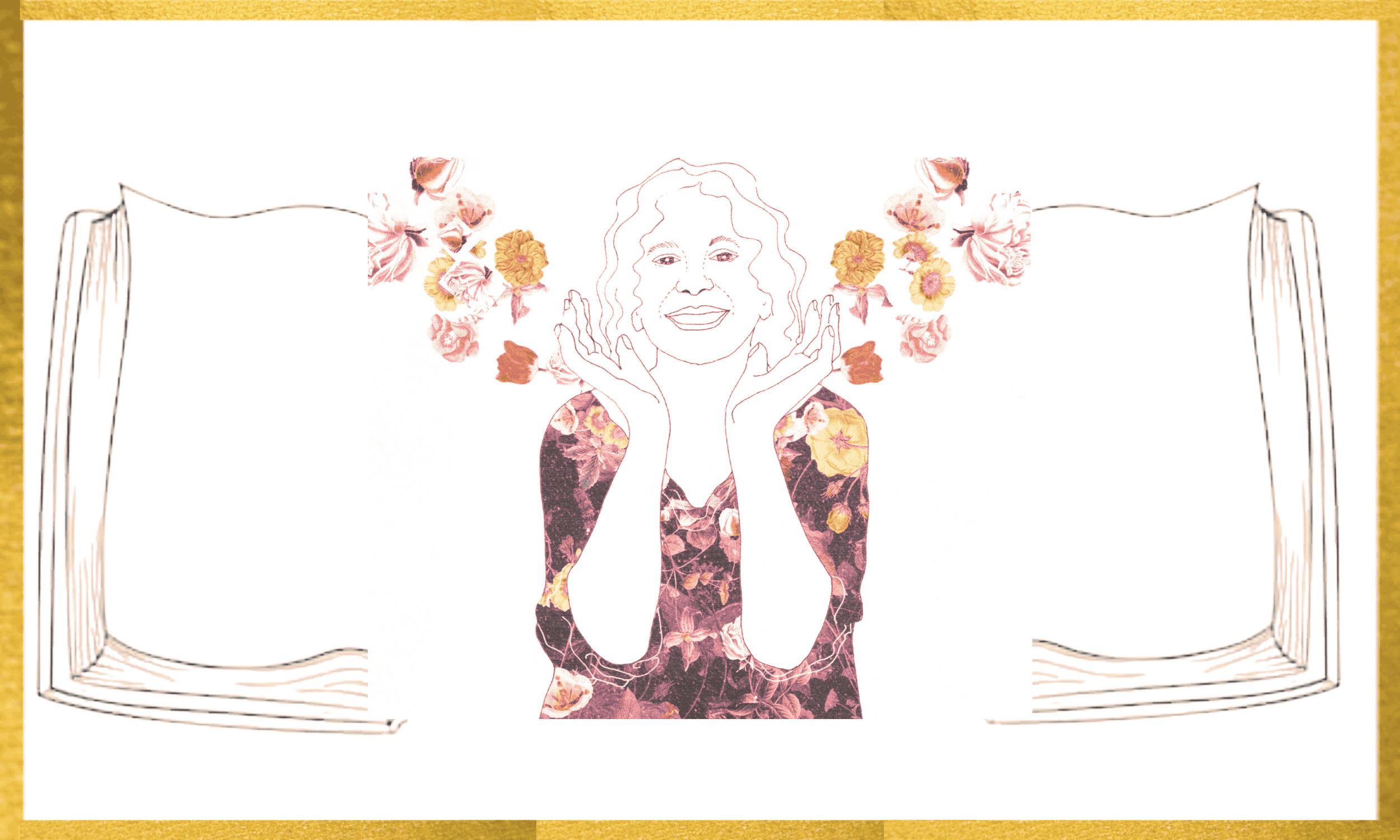 Illustrated banner for Naomi Rose, Book Developer & Creative Midwife, featuring a woman with raised arms surrounded by flowers on an open book background