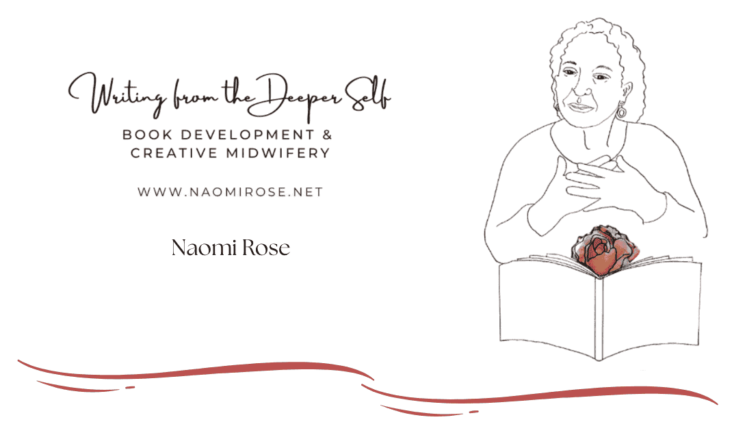 A line drawing of a woman with her hands on her heart, an open book before her with a rose blooming from its pages