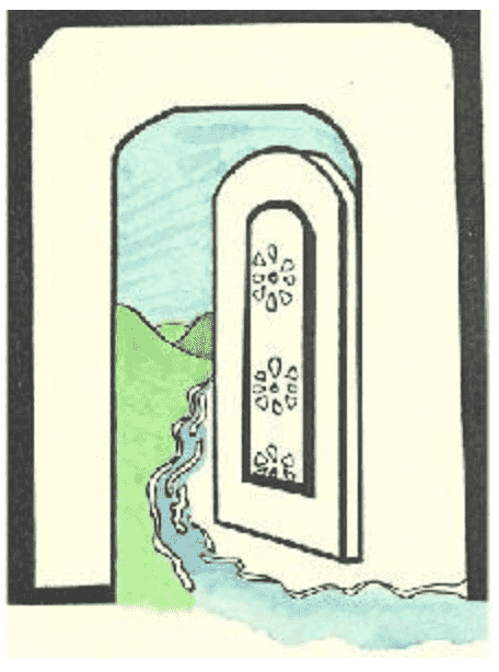 Hand-drawn illustration by Naomi Rose for the FAQ page featuring an architectural archway framing a pastoral landscape, representing the book-writing journey
