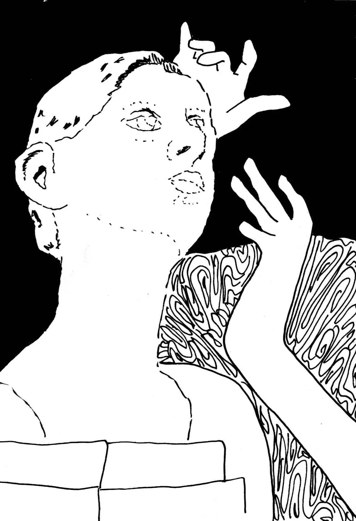 Line drawing by Naomi Rose of a pair of hands creating a sculptured bust out of clay.