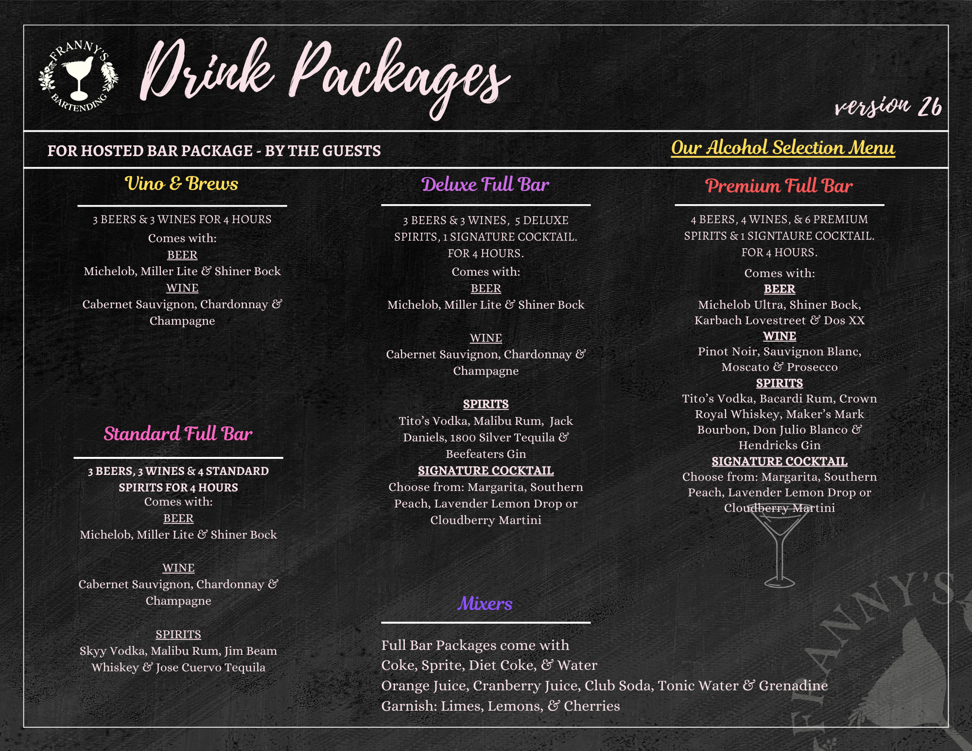 Alcohol & Beverage Selections — Franny's Bartending