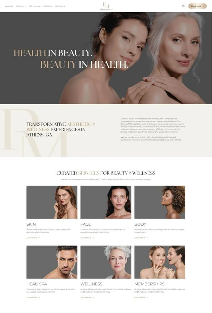 Luxury spa website with neutral colors, high-end model photography, and curated skincare and wellness services. Expertly crafted by a professional Squarespace site designer.