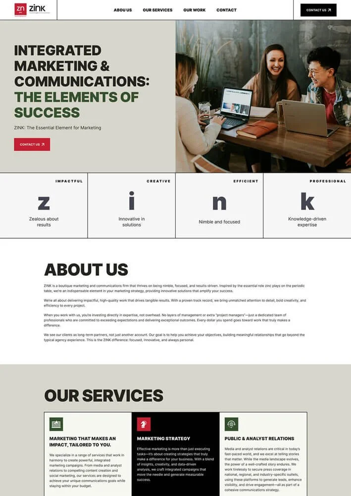 Squarespace site for a marketing agency with a grid layout, bold typography, and a team photo. Designed by an expert Squarespace site designer.