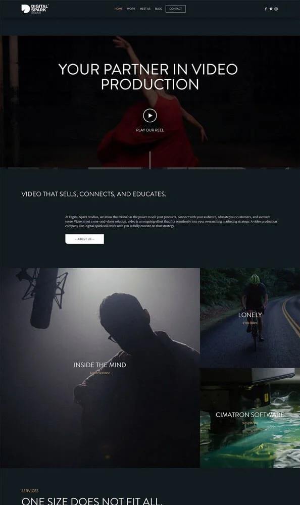 Modern video production website with a dark theme, a ballet dancer hero image, and a portfolio showcase. Designed by a professional Squarespace designer.