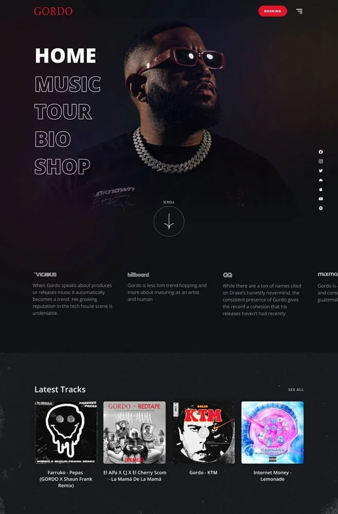 Bold DJ website for Gordo with a full-screen artist photo, neon navigation, and a dark grid layout for latest tracks. Built by a top Squarespace designer