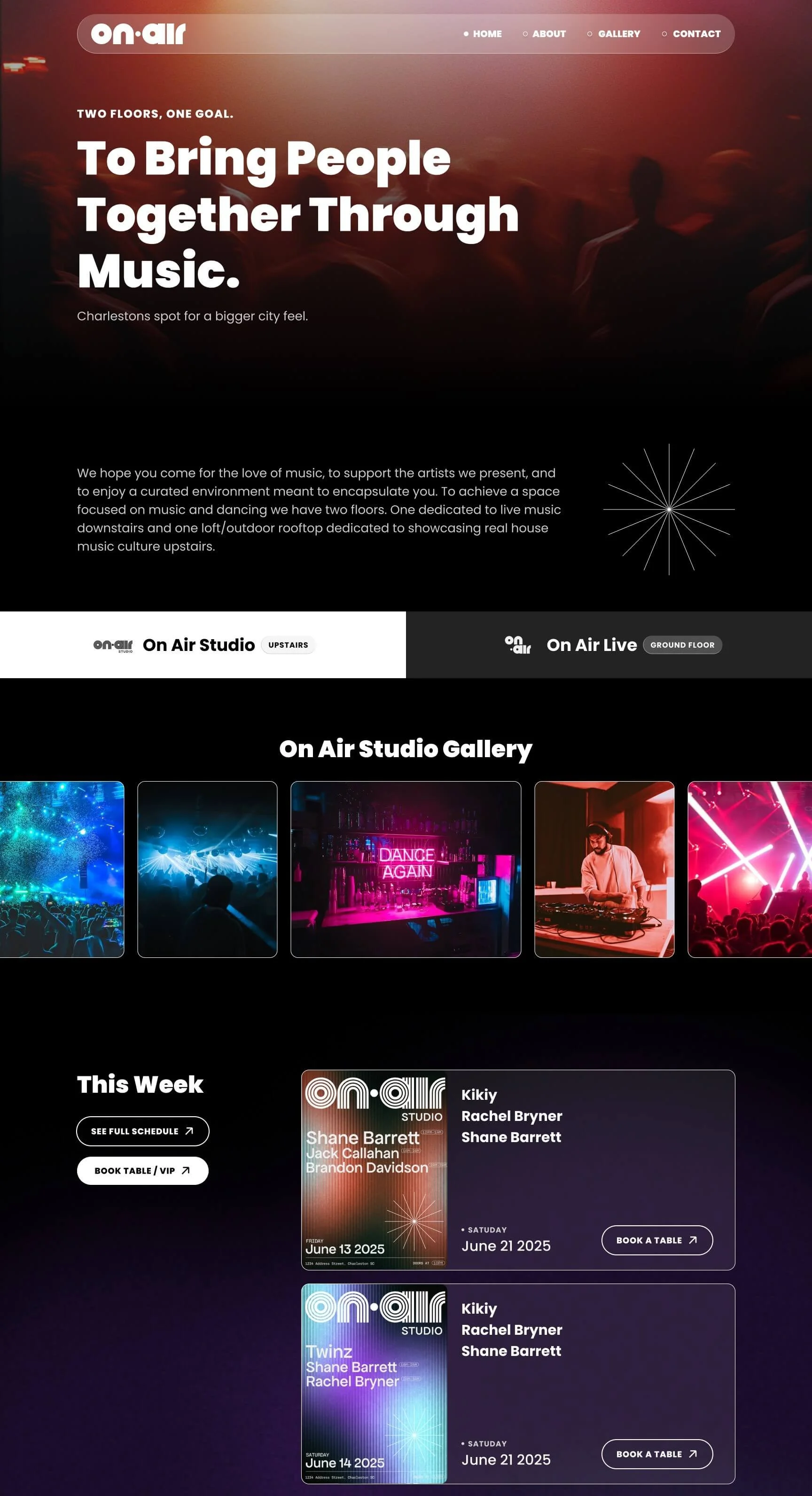 Squarespace website for a music venue with a dark theme, featuring large bold text about bringing people together through music. The site has Minimal sections for studio details, an image gallery with vibrant concert photos, and a schedule of upcomin