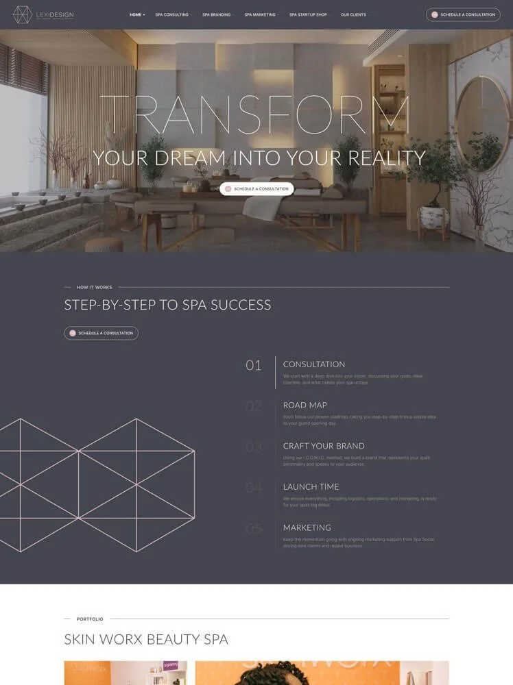 High-end spa consulting website with a warm, modern aesthetic, a luxurious spa interior, and a step-by-step service guide. Designed by a leading Squarespace site designer
