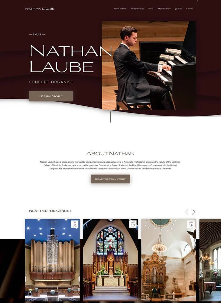 Sophisticated musician website with a rich brown theme, concert schedules, and high-resolution venue images. Built by a specialist Squarespace site designer.