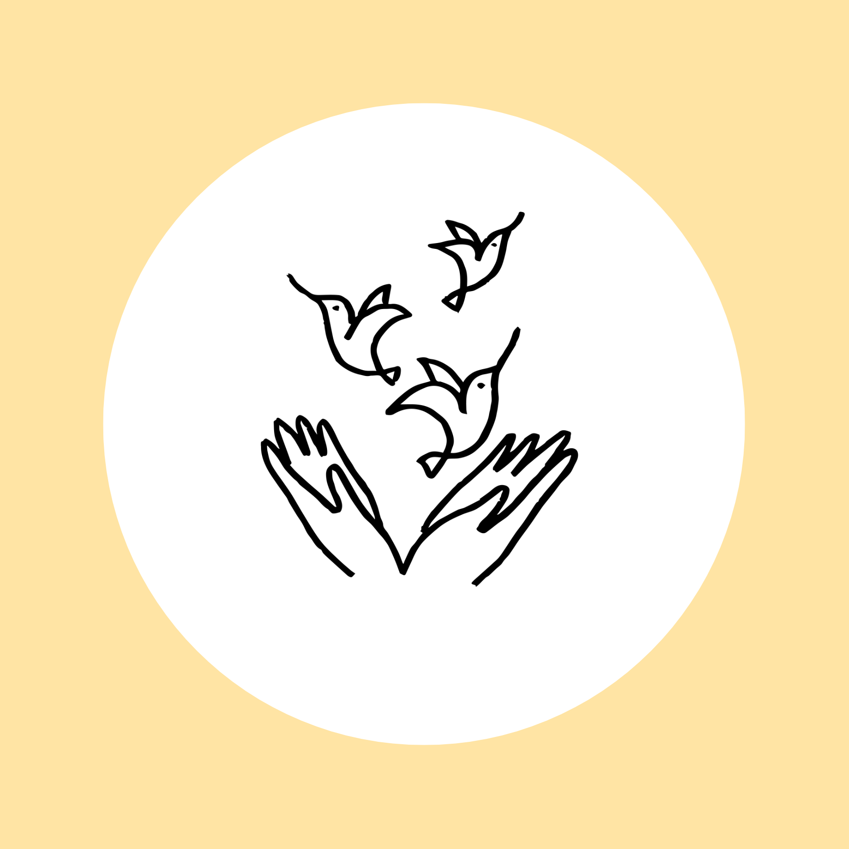 Un dessin simple de deux mains esquissées en noir, semblant soutenir ou présenter un groupe de cercles colorés superposés, représentant peut-être une idée ou une collaboration, sur un fond beige avec un cercle blanc au centre.