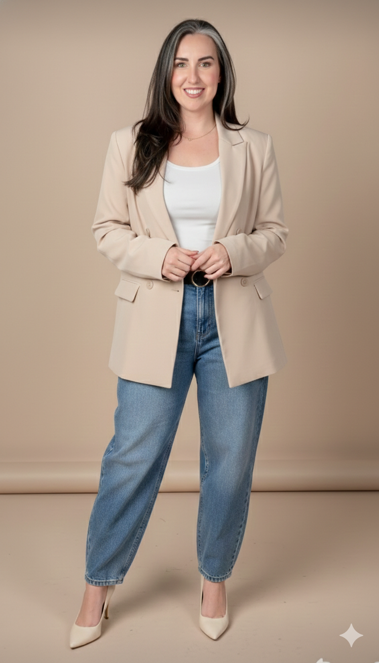 A woman with long dark hair, wearing a beige blazer, white shirt, blue jeans, and beige heels, standing against a plain beige background and smiling at the camera.