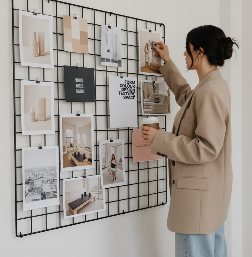 Founder with a moodboard on a wall brainstorming