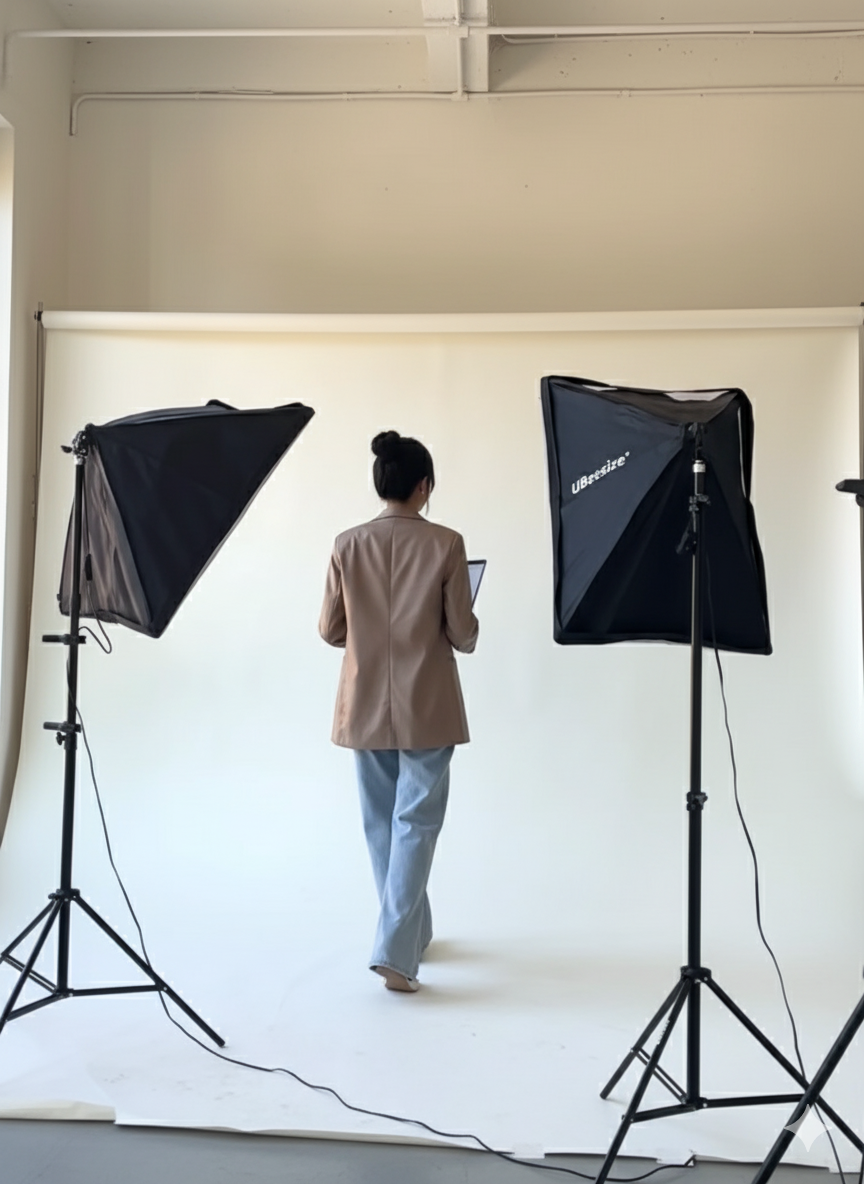 Person standing in a photo studio with white backdrop, wearing a beige blazer and gray pants, holding a tablet or notebook, facing away from the camera, with photographic lighting equipment on each side.