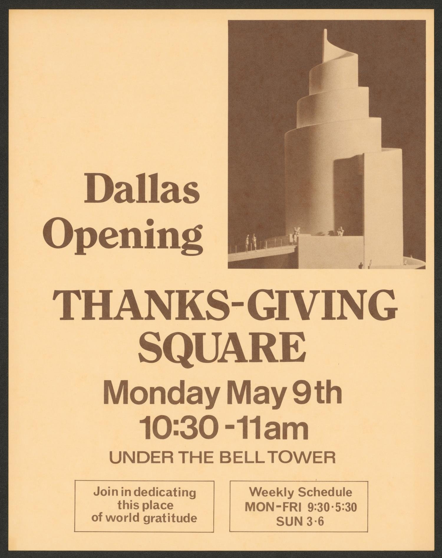  A 1977 invitation marks the public opening of Thanks-Giving Square, welcoming the community to dedicate a new downtown space devoted to gratitude and shared reflection. 