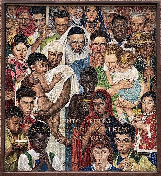 Installed in 1996, the Norman Rockwell  Golden Rule  mosaic reflects Thanks-Giving Square’s enduring commitment to unity, compassion, and shared values across all cultures and faiths. 