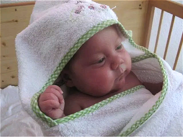 Neugeborenes Baby in Kuscheldecke gewickelt.