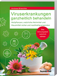 Buchcover mit grünem Hintergrund, Titel 'Viruserkrankungen ganzheitlich behandeln' und Bilder von Heilpflanzen, einer Ingwerknolle, einer Blume und einem Saattopf.
