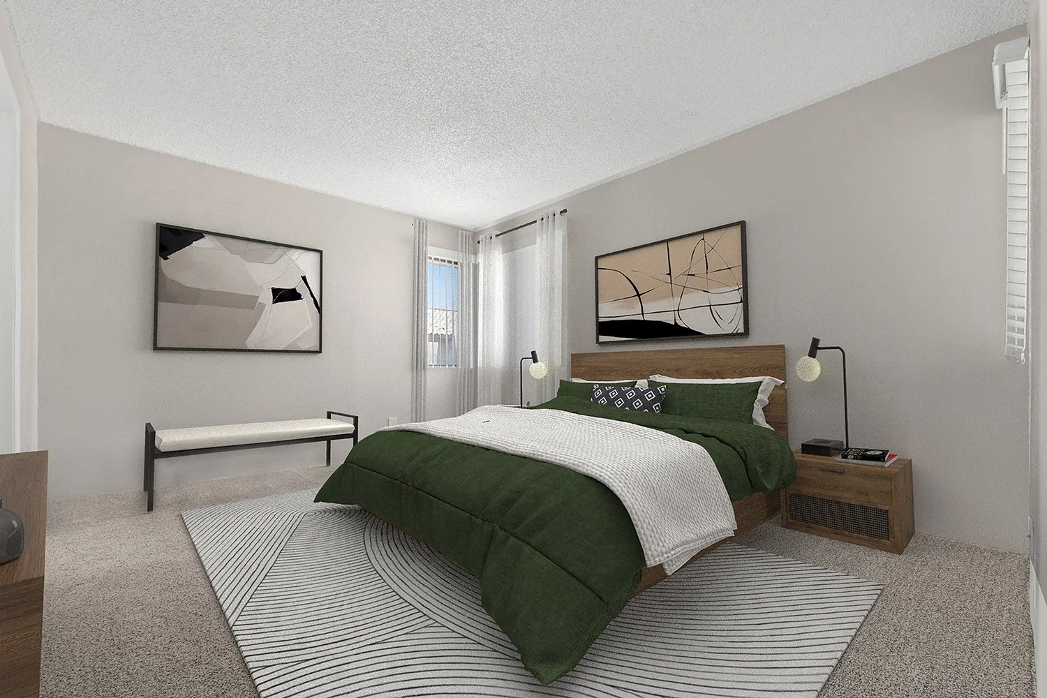 Spacious primary bedroom in Andorra 2 bedroom apartment home with plush carpeted flooring and large windows allowing for gorgeous natural lighting. 