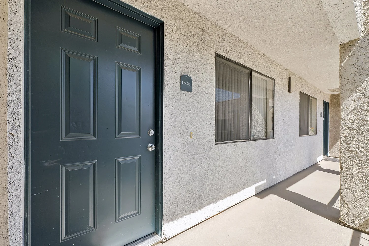 This image features a close-up view of an apartment entrance, with a dark colored door and a window.