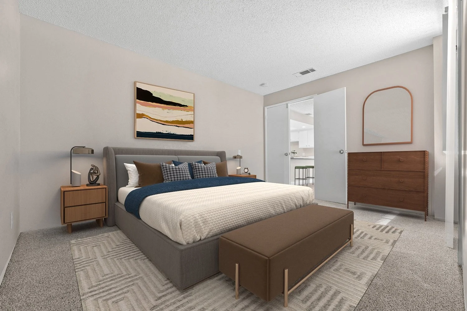Second bedroom in Andorra 2 bedroom apartment home with plush carpeted flooring and large windows allowing for gorgeous natural lighting. 