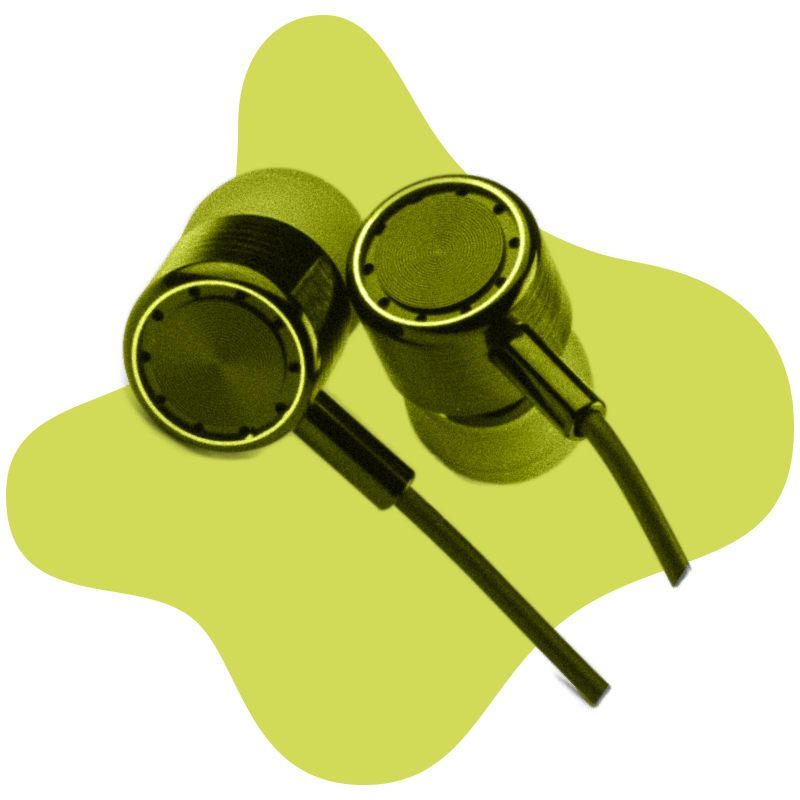 Cropped image of earbuds and cord in front of yellow organic shape