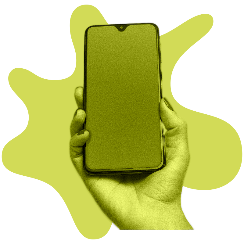 Cropped hand holding up a mobile phone in front of a yellow organic shape
