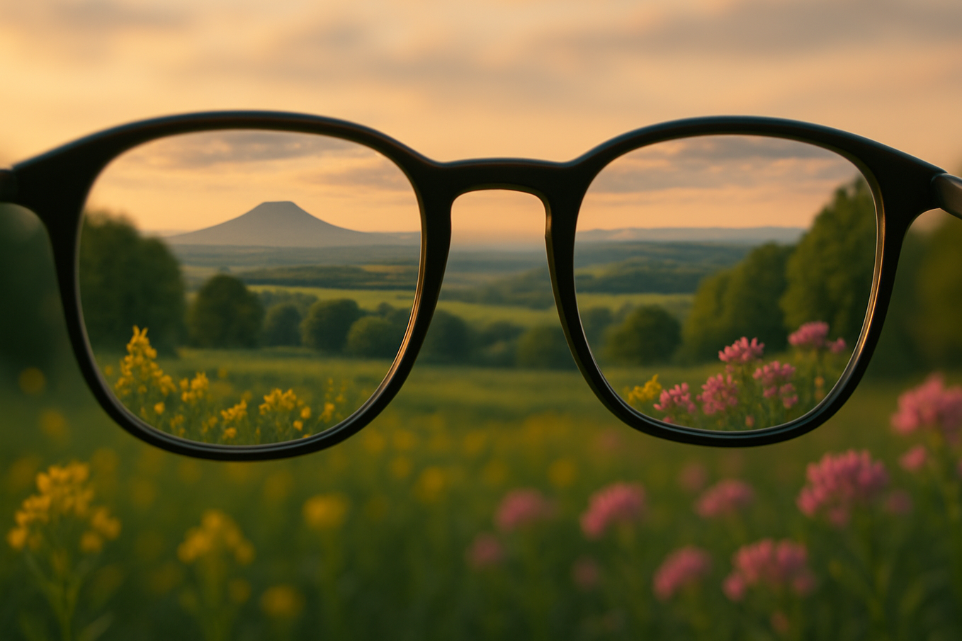Clear mountain landscape with wildflowers viewed through eyeglasses at sunset.
