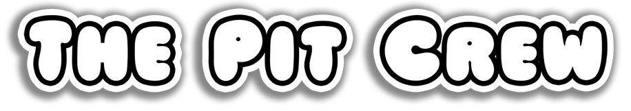 Text that reads 'THE PIT CREW' in large, bubble-style letters