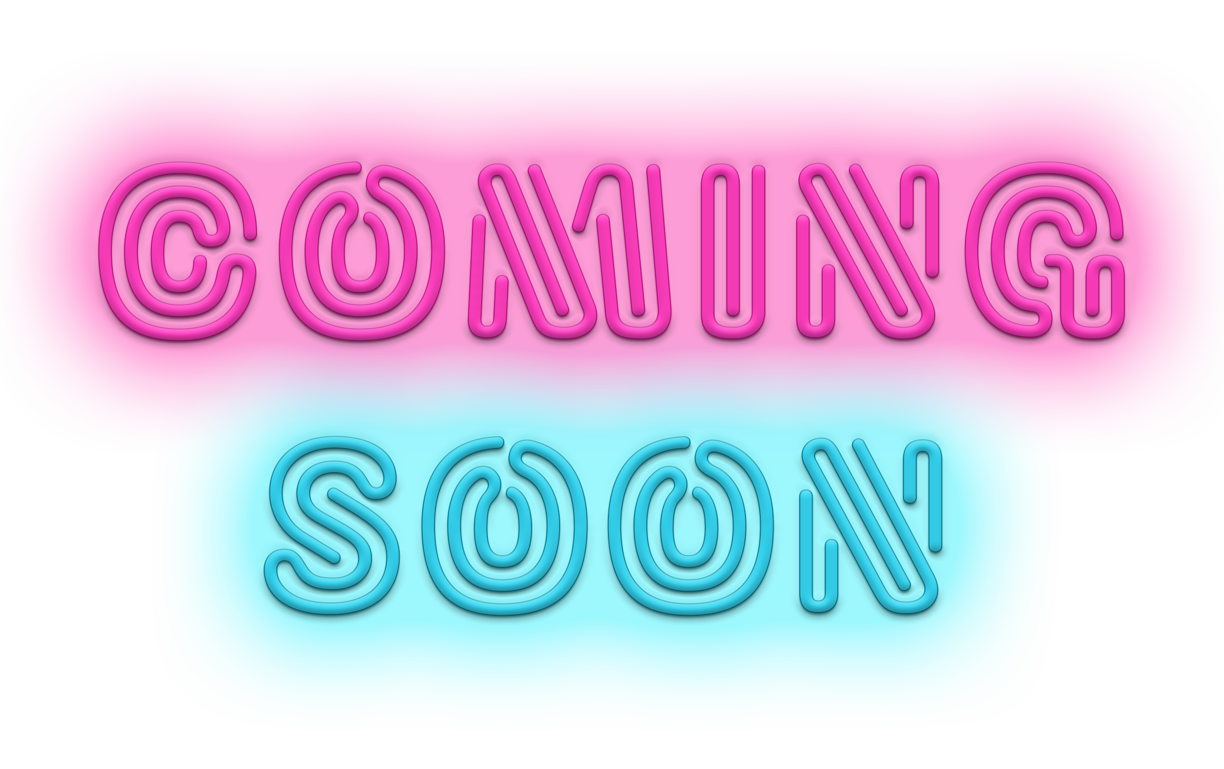 Neon sign with the words 'COMING SOON' in pink and 'SOON' in blue, on a pink and blue background.