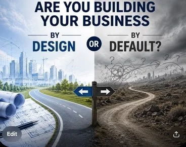 Split image contrasting a clear road toward a planned city skyline with blueprints on the left, versus a winding, uncertain path through fog and question marks on the right, representing building a business by design versus by default