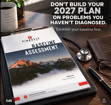 A Pinnacle Baseline Assessment binder on a desk beside a stethoscope, glasses, and pen, with text reading "Don't build your 2027 plan on problems you haven't diagnosed