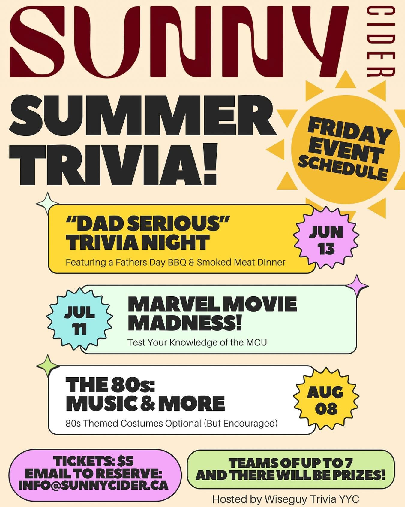 Wiseguy Trivia&rsquo;s summer schedule at Sunny Cider! Unique themed trivia nights each 2nd Friday of the month!

Please email Sunny Cider to reserve a spot! 

@sunnycider_ca 
@wiseguytriviayyc