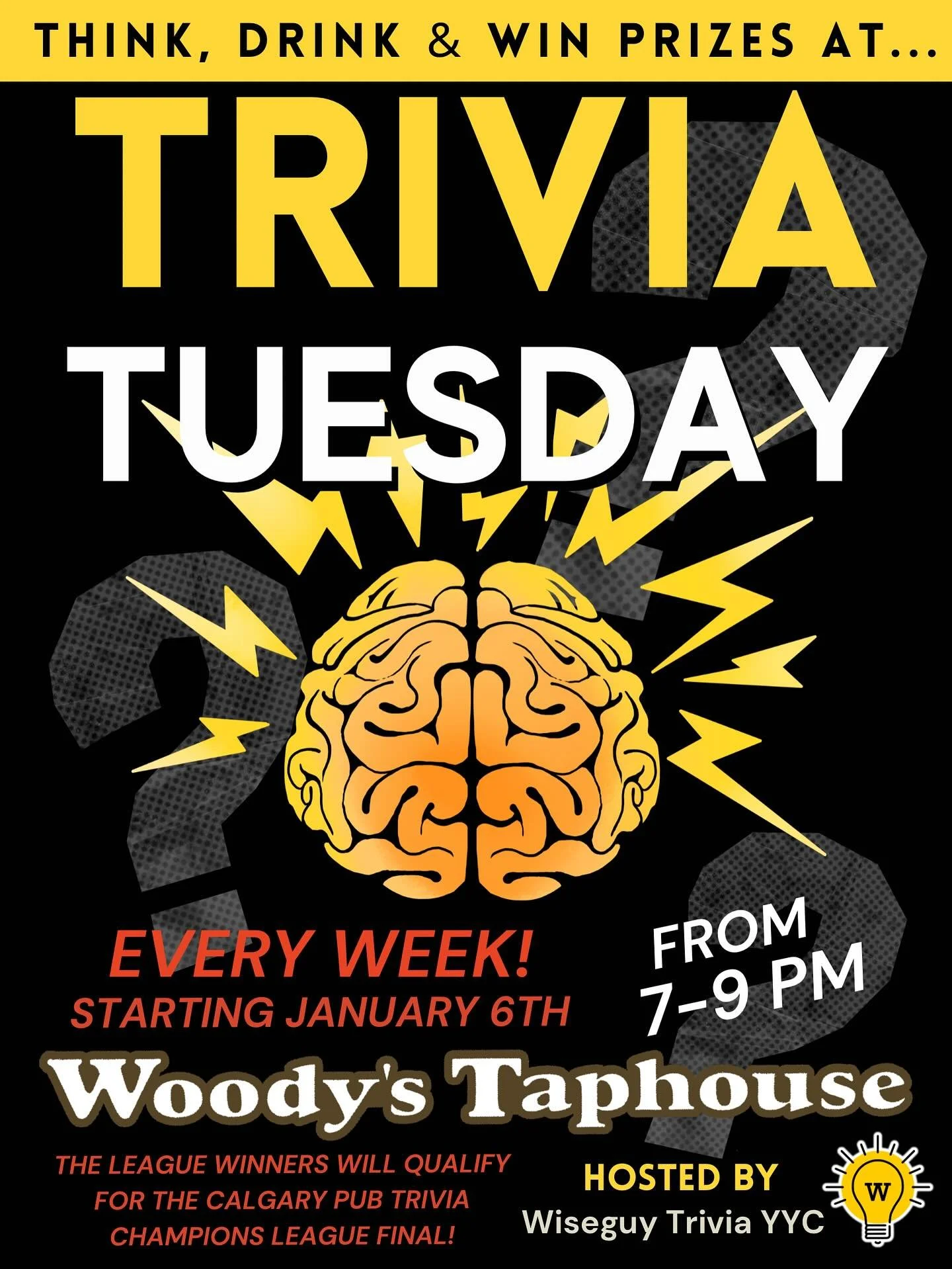 STARTING JAN 6th, a new trivia night is coming to Woody&rsquo;s Taphouse in Country Hills! 

Join us every Tuesday from 7-9 PM! There&rsquo;s plenty of prizes to be won 🏆
