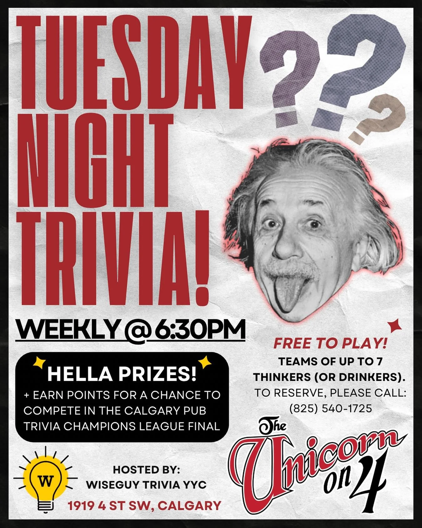 YYC&rsquo;s BEST trivia runs every Tuesday at the Unicorn on 4th in Mission 🤩

Wiseguy&rsquo;s classic 3-Round format offers 3 great chances to win some awesome prizes, and the overall winners take home a Unicorn gift card + a solid-gold trophy 🏆 
