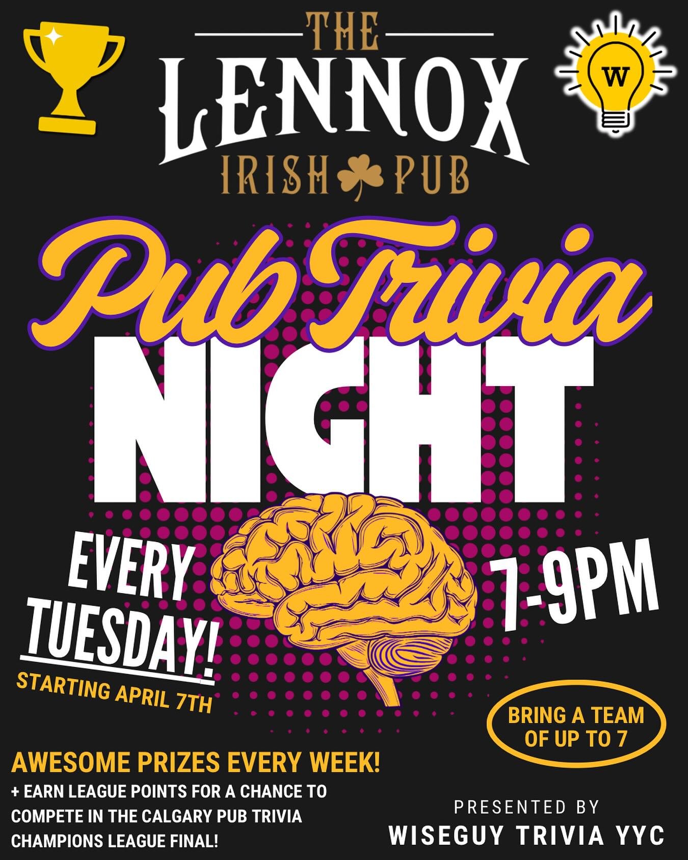 NEW TRIVIA NIGHT starting April 7th! We&rsquo;re bringing the action every Tuesday at the Lennox Irish Pub 🍻

Come for one round, or stay for all three. Teams of up to 7 can compete for our great weekly prizes 🏆