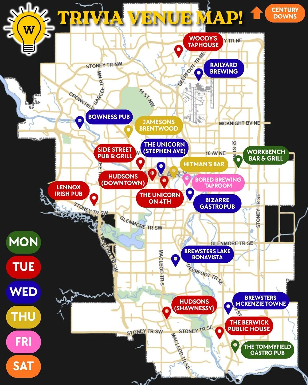 We have 19 great Trivia venues in YYC! 🤩

Scroll to see our list of trivia shows on each weekday.