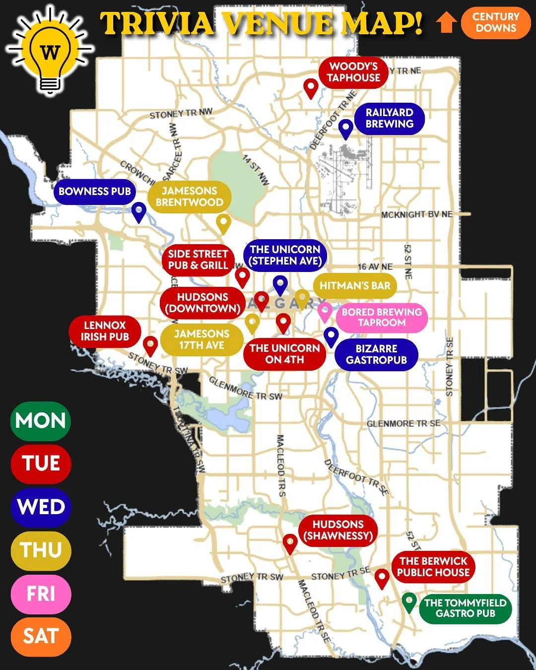 Our updated Calgary Trivia night schedule! 

Come check out Wiseguy&rsquo;s shows at 17 GREAT Calgary venues 🤩