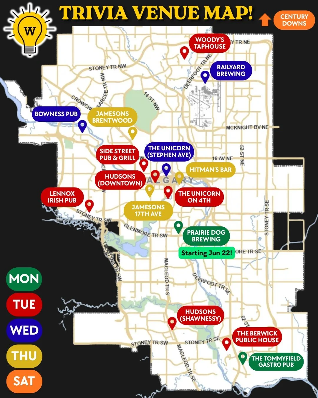 SCHEDULE UPDATE! Come check out Wiseguy Trivia at any of these GREAT YYC venues 😎

New Monday night trivia starting June 22nd at Prairie Dog Brewing 🍻