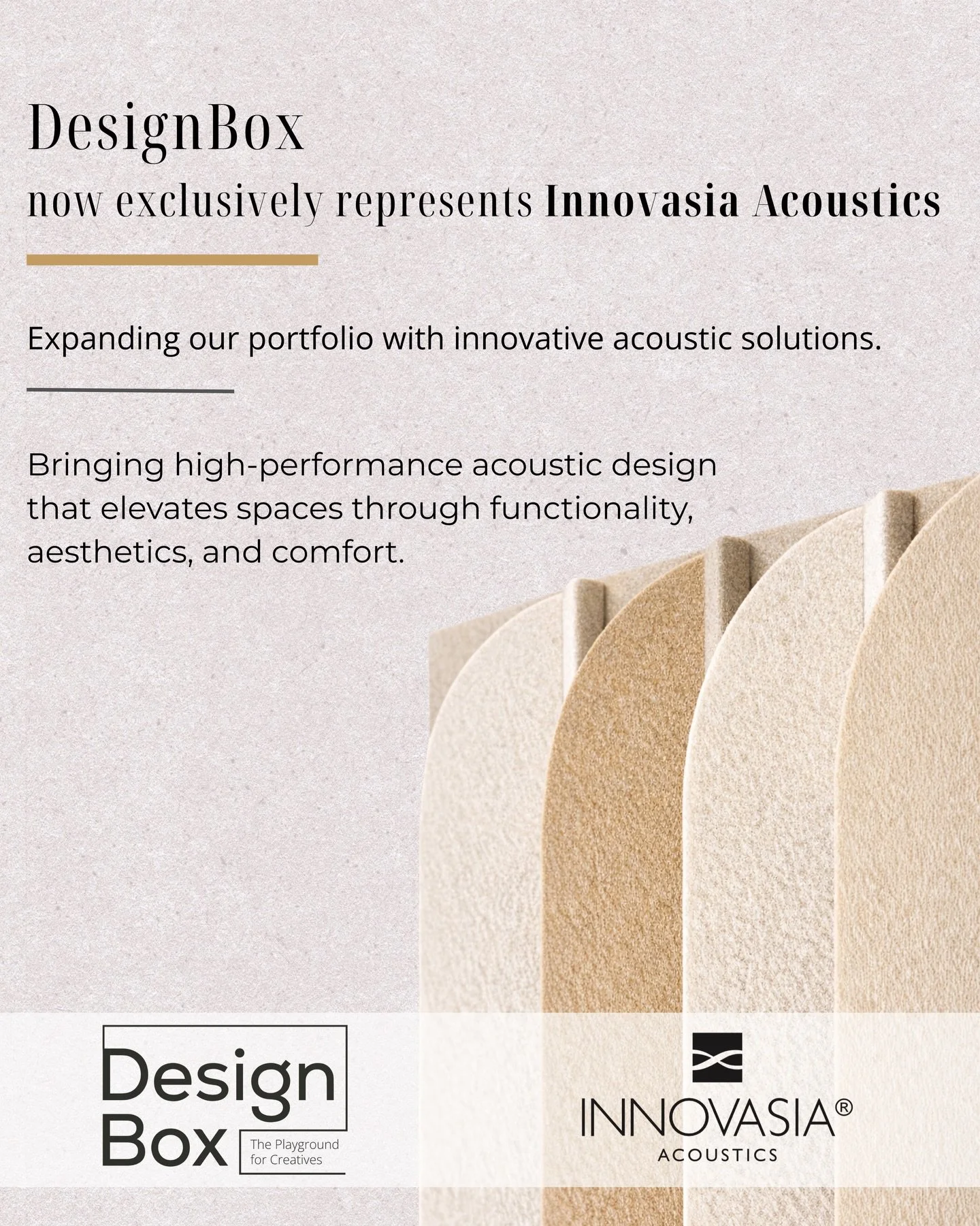 We&rsquo;re proud to now exclusively represent Innovasia Acoustics.

Expanding our acoustic portfolio with high-performance solutions that balance design, comfort, and functionality.
Excited to start working with materials that elevate spaces&mdash;b