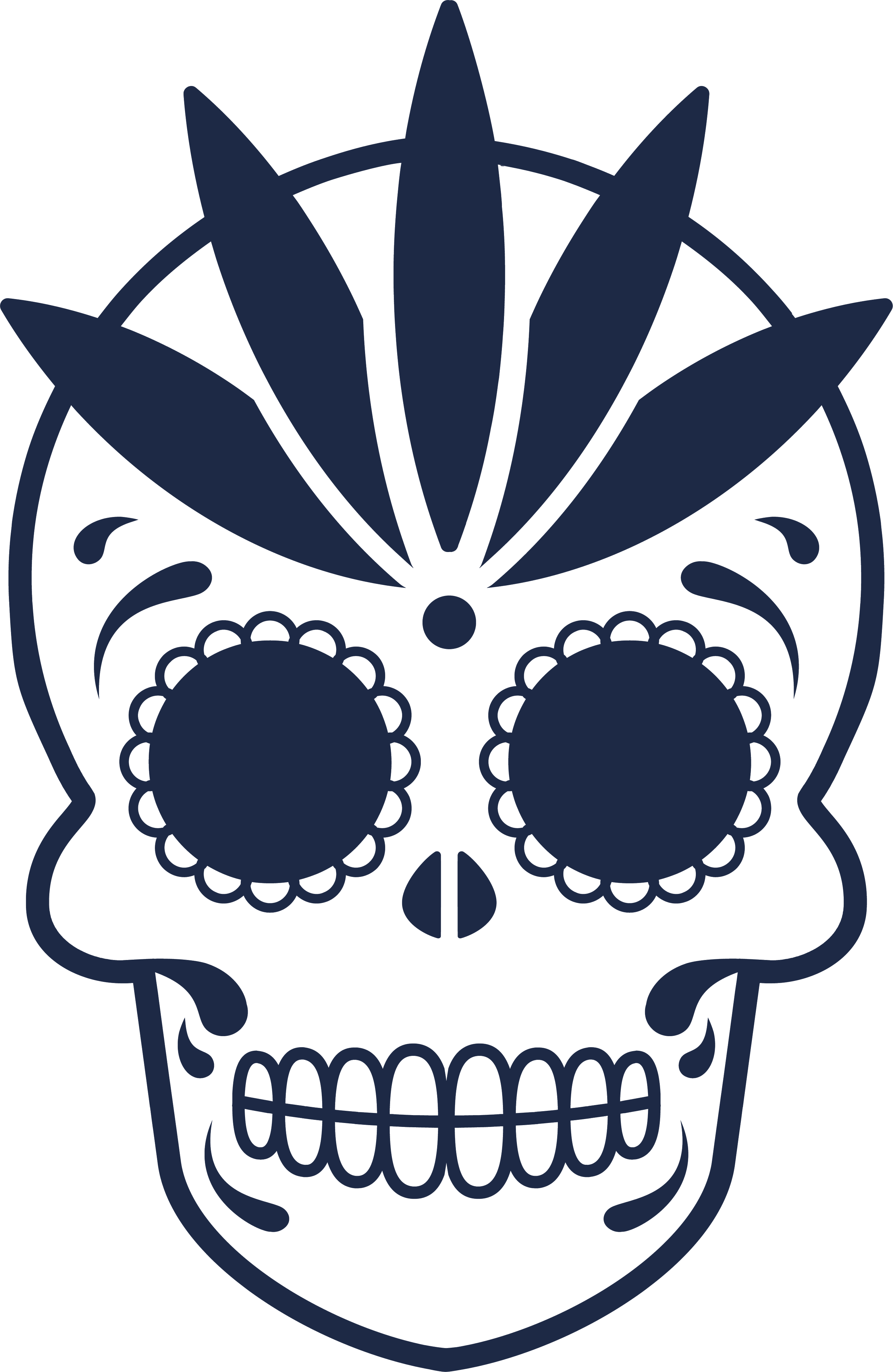 A stylized dark blue skull illustration combining traditional skull features with floral patterns.
