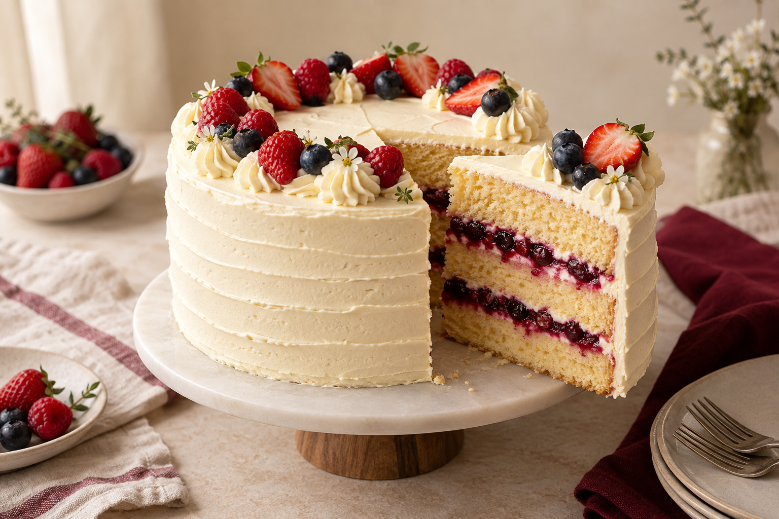 Pastel de vainilla con relleno de frutos rojos