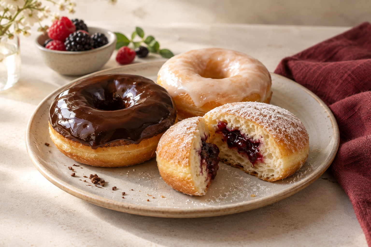 Donas glaseadas y dona con relleno de frutos rojos