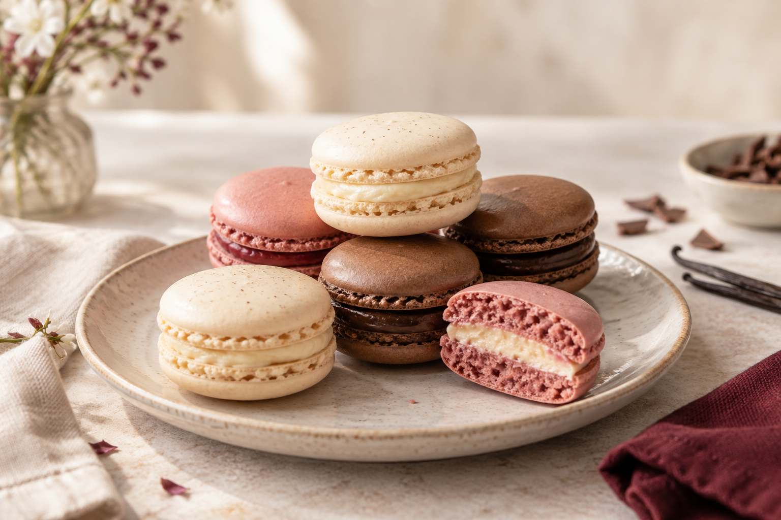 Macarons de vainilla, rosa y cacao con relleno cremoso