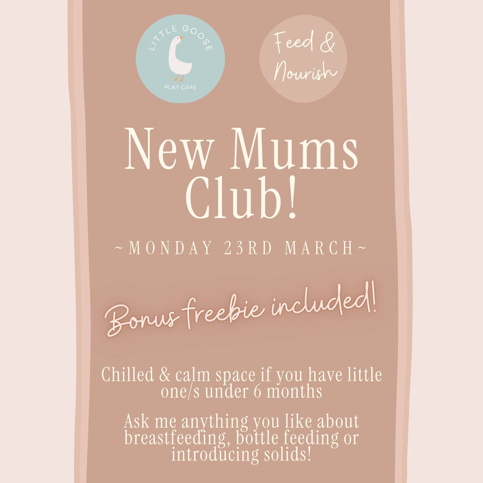 Join us this Monday for New Mums Club at Little Goose in Tavistock!
@littlegooseplaycafe 
Mon 23rd March - 10am

If you haven't been before, it is a quiet, calm space for all mums with a little one under 6 months 🧡
You can come along to meet other m