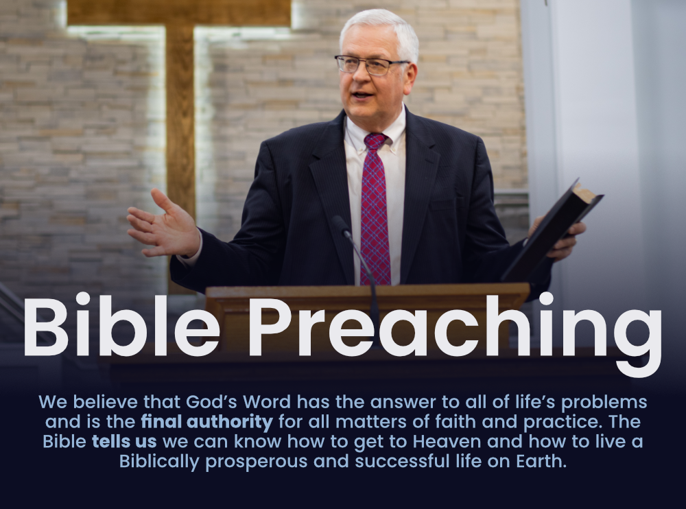Man holding a book standing at a pulpit with a cross in the background, text "Bible Preaching."